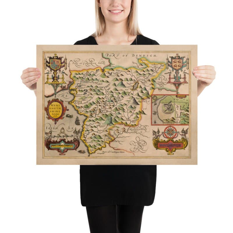 Old Map of Merionethshire, Wales in 1611 by John Speed - Dolgellau, Aberdyfi, Bala, Barmouth, Harlech, Snowdonia