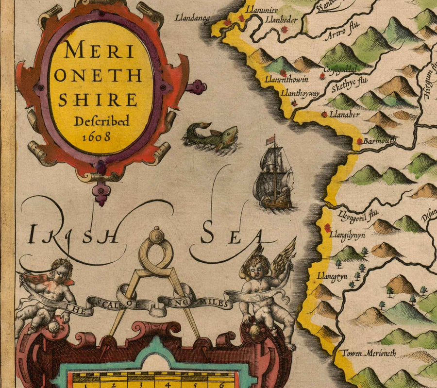 Old Map of Merionethshire, Wales in 1611 by John Speed - Dolgellau, Aberdyfi, Bala, Barmouth, Harlech, Snowdonia