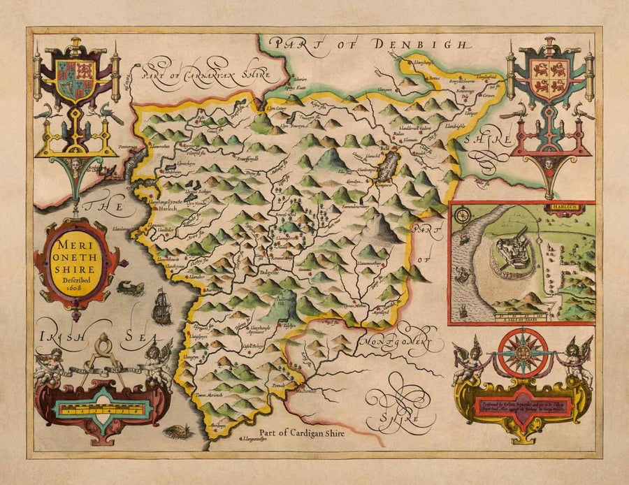 Old Map of Merionethshire, Wales in 1611 by John Speed - Dolgellau, Aberdyfi, Bala, Barmouth, Harlech, Snowdonia