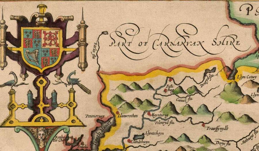 Old Map of Merionethshire, Wales in 1611 by John Speed - Dolgellau, Aberdyfi, Bala, Barmouth, Harlech, Snowdonia