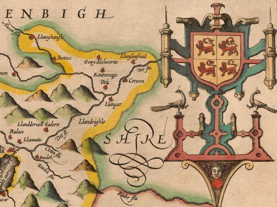Old Map of Merionethshire, Wales in 1611 by John Speed - Dolgellau, Aberdyfi, Bala, Barmouth, Harlech, Snowdonia