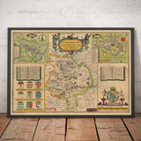 Ancienne carte du Huntingdonshire 1611 par John Speed - Huntingdon, Cambridgeshire, St. Ives, St. Neots, Godmanchester Yaxley 