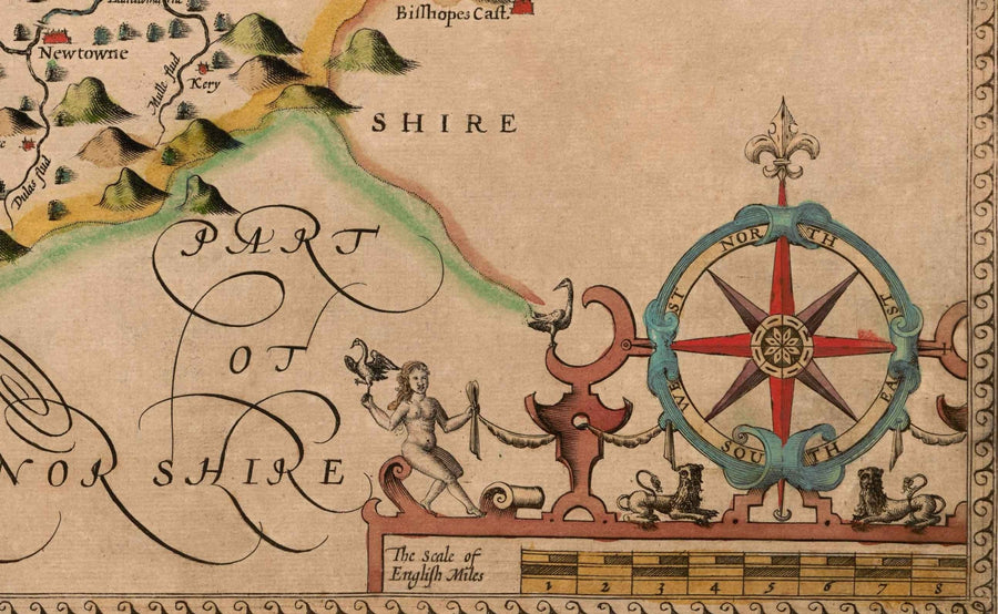 Old Map of Montgomeryshire, Wales, 1611 by John Speed - Powys, Maldwyn, Montgomery, Newtown, Welshpool, Llanidloes