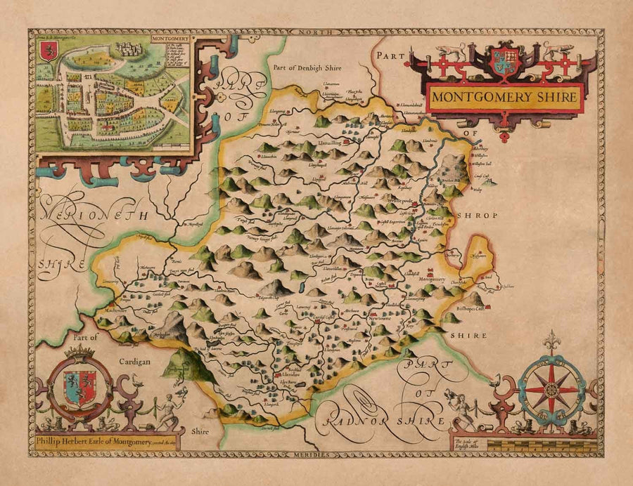 Old Map of Montgomeryshire, Wales, 1611 by John Speed - Powys, Maldwyn, Montgomery, Newtown, Welshpool, Llanidloes