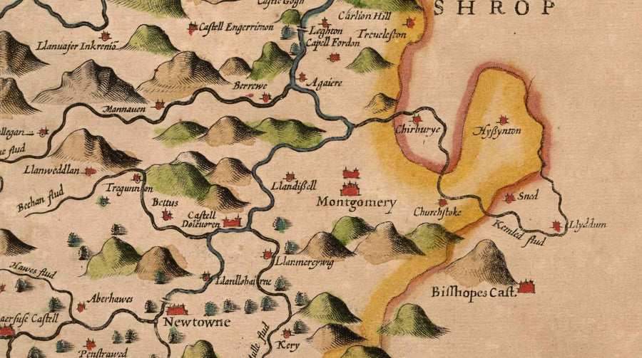 Old Map of Montgomeryshire, Wales, 1611 by John Speed - Powys, Maldwyn, Montgomery, Newtown, Welshpool, Llanidloes