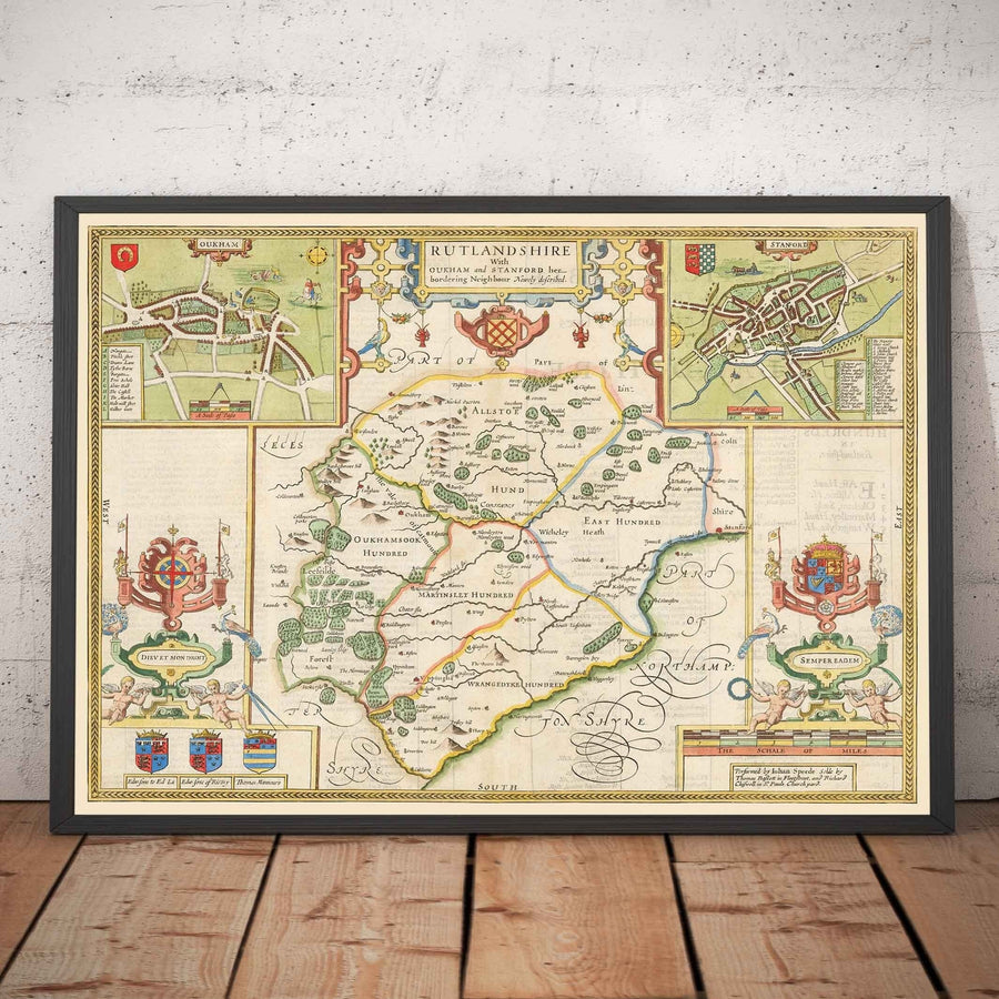 Old Map of Rutland, 1611 by John Speed - Rutlandshire, Oakham, Edith Weston, Uppingham, Ketton, Stretton