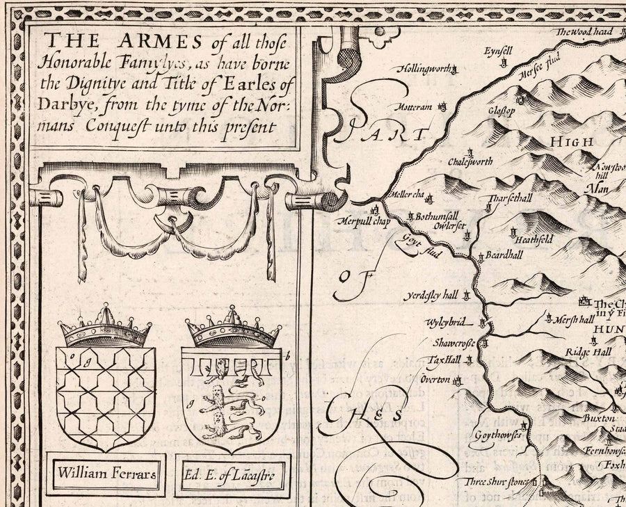 Old Monochrome Map of Derbyshire, 1611 by John Speed - Derby, Chesterfield, Buxton, Peak District