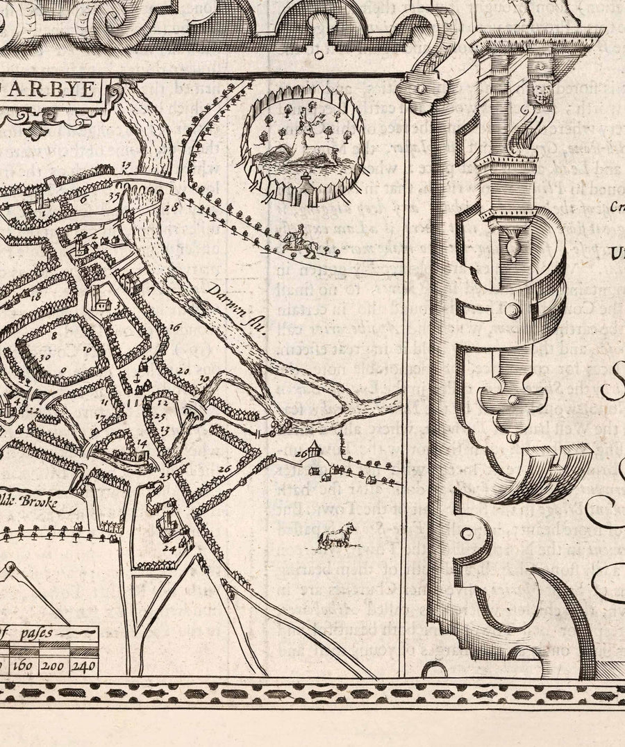 Old Monochrome Map of Derbyshire, 1611 by John Speed - Derby, Chesterfield, Buxton, Peak District