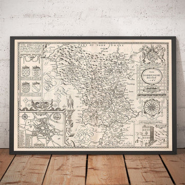 Antica mappa monocromatica del Derbyshire, 1611 di John Speed - Derby, Chesterfield, Buxton, Peak District 