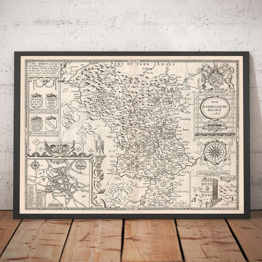 Old Monochrome Map of Derbyshire, 1611 by John Speed - Derby, Chesterfield, Buxton, Peak District