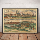 Mapa antiguo de Praga, Chequia, por Georg Braun, 1572 - Bohemia, Castillo, Moldava, Iglesia de Týn Teyn, Ciudad Vieja, Mala Strana