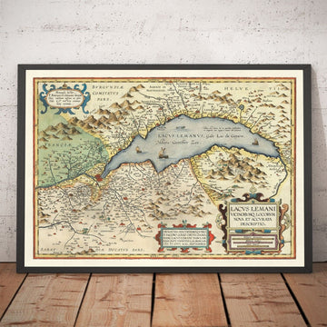 Antiguo mapa del lago Lemán de Abraham Ortelius, 1573 - Lausana, Montreux, Thonon-les-Bains, Evian, Nyon, Morges