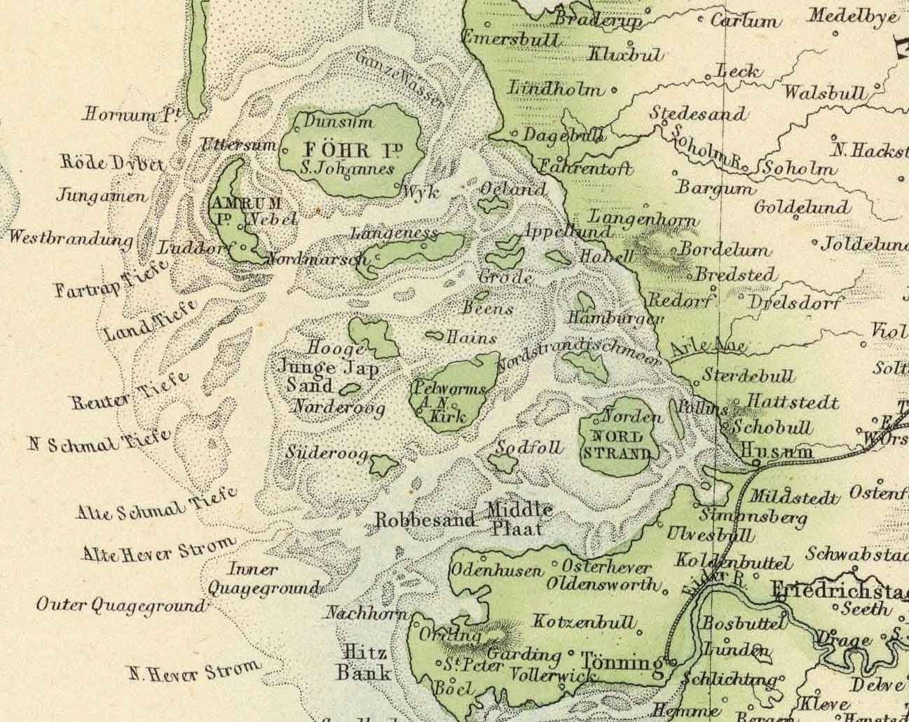 Mapa antiguo de Dinamarca y Schleswig-Holstein, 1872 por Fullarton - Islandia, Islas Feroe, Reino de Dinamarca, Zelanda, Copenhague