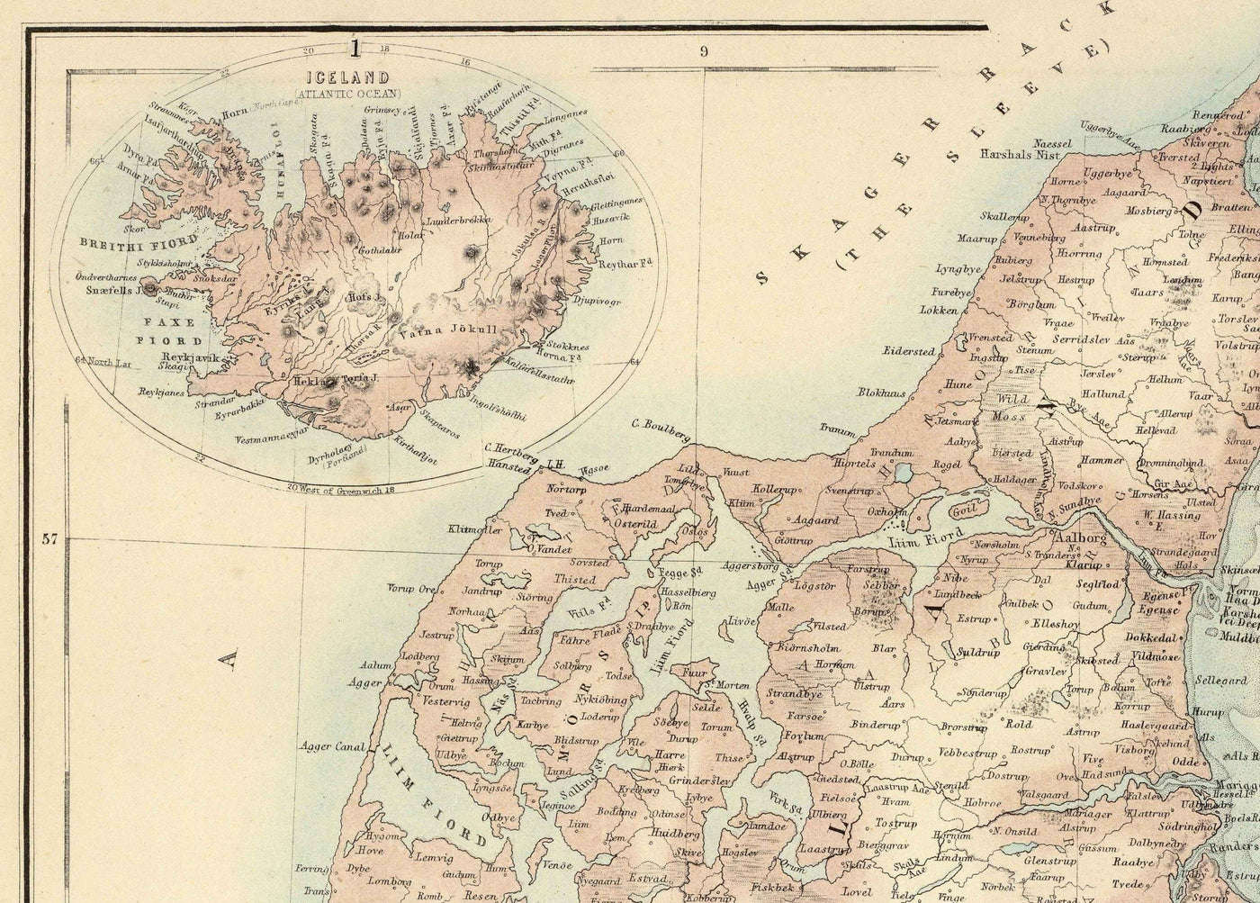 Ancienne carte du Danemark et du Schleswig-Holstein, 1872 par Fullarton - Islande, îles Féroé, Royaume danois, Zélande, Copenhague