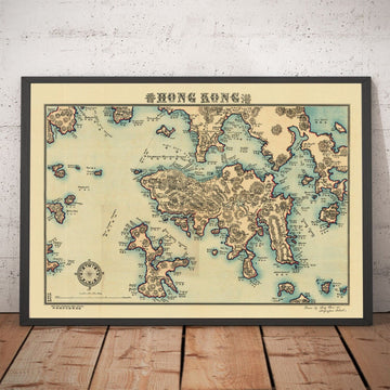 Antiguo mapa de Hong Kong, 1924 por Sung Chun Wa - Central, Kowloon, Causeway, Victoria Harbour, Islas, Montañas, Lamma