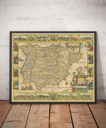 Alte Karte von Spanien und Portugal, 1659 von Jan Jansson - Madrid, Lissabon, Barcelona, Katalonien, Valencia, Iberien, Mittelmeer 