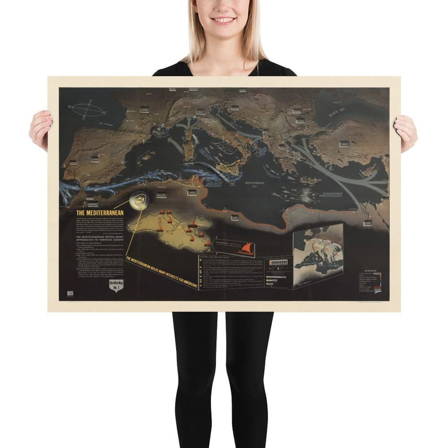 Antiguo mapa de la Segunda Guerra Mundial: Mediterráneo, 1944 - NavWarMap No.1 - Europa del Sur y África del Norte - Italia, España, Francia