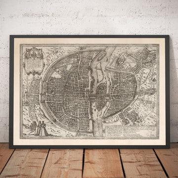 Vecchia mappa monocromatica di Parigi, 1572 di Braun - Notre Dame, Sainte Chapelle, Bastiglia, Senna, Cattedrale, Mura della città 