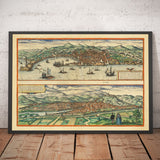 Ancienne carte de Florence et Gênes, 1572 par Braun - Duomo, Palazzo Vecchio, fleuve Arno, San Lorenzo, cathédrales, Forts