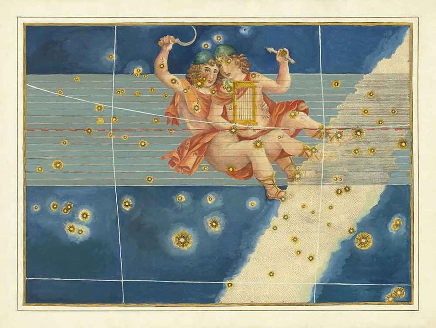 Antica mappa stellare dei Gemelli, 1624 di Johann Bayer - Carta astrologica zodiacale - Segno zodiacale dei Gemelli 