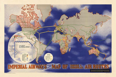 Imperial Airways Weltkarte, 1937 - Bauhaus British Empire Alte Karte von Laszlo Moholy-Nagy - Langstreckenflugrouten
