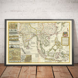 Ancienne carte de l'Inde et de l'Asie du Sud-Est, 1717 par Herman Moll - Indes orientales coloniales, Chine, Malaisie, Thaïlande, Singapour, Indonésie