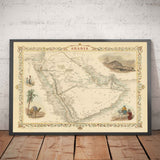 Mapa antiguo de Arabia, 1851 por Tallis & Rapkin - Arabia Saudí, Jordania, Omán, Yemen, Mar Rojo, Dubai, Golfo Pérsico, Oriente Medio