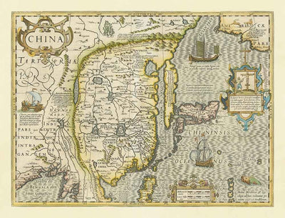Alte Karte von China, 1606 von Jodocus Hondius - Korea, Japan, Große Mauer, Südostasien, Orient, seltsame Seeungeheuer