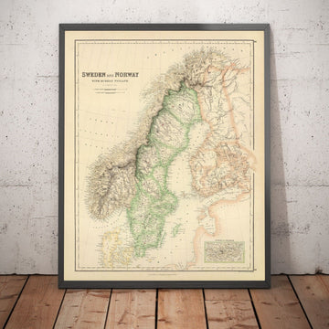 Mapa antiguo de Suecia, Noruega y Finlandia rusa, 1872 por Fullarton - Escandinavia, Dinamarca, Mar Báltico, Golfo de Botnia