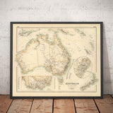 Alte Karte von Australien & Neuseeland, 1872 von Fullarton - Tasmanien, Van Diemens Land, Sydney, Auckland, Victoria, NSW 