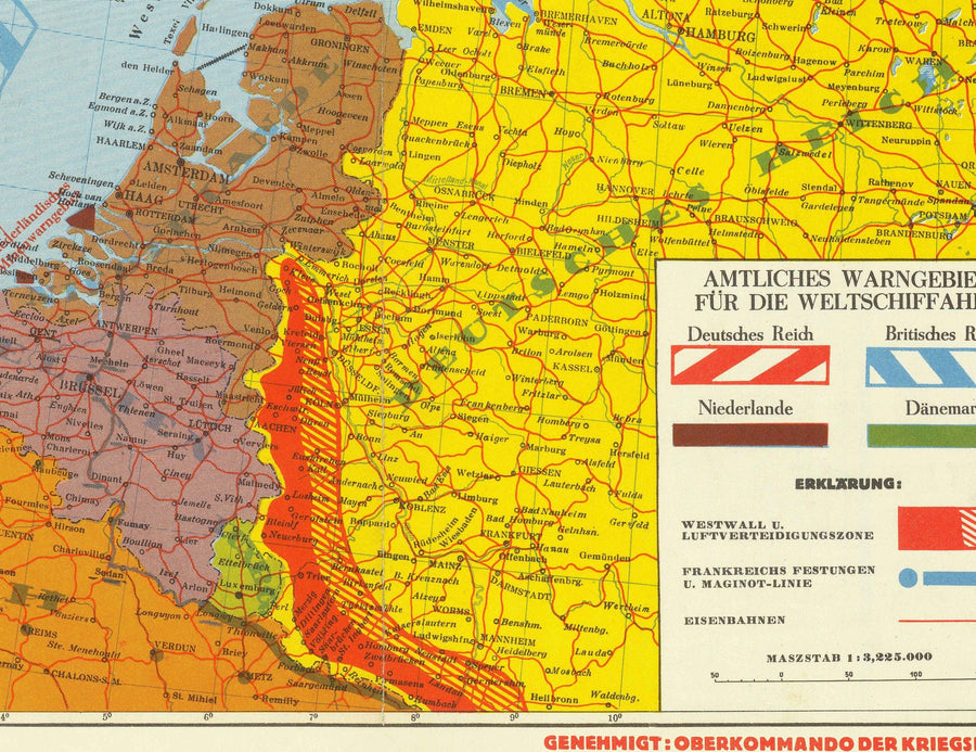 Deutsche Weltkrieg 2 Karte, 1940 - Alte WW2 Militärkarte der Nordsee - Britische Marine Schiffe, Minenfelder, Frontlinien 