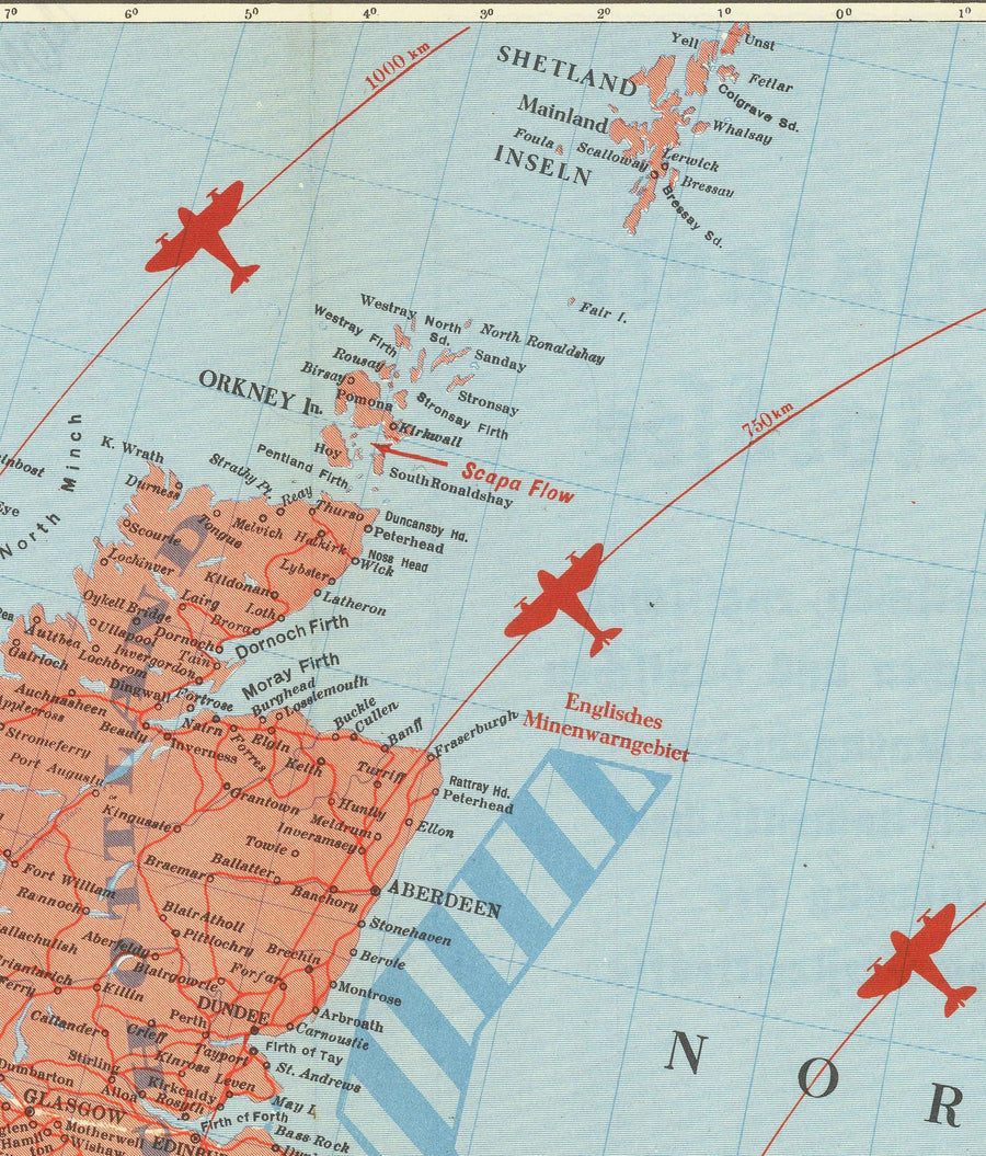 Deutsche Weltkrieg 2 Karte, 1940 - Alte WW2 Militärkarte der Nordsee - Britische Marine Schiffe, Minenfelder, Frontlinien 