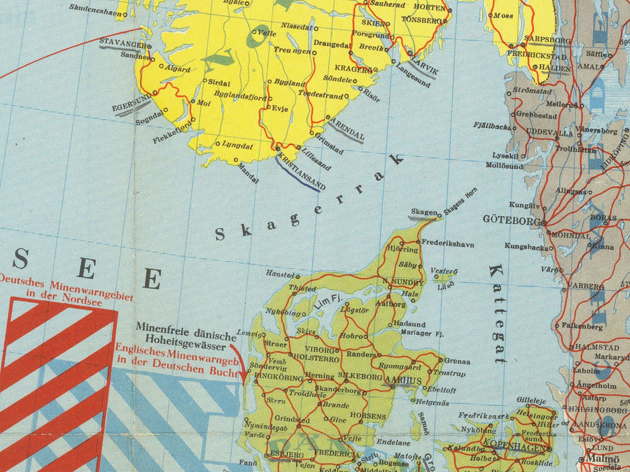 Deutsche Weltkrieg 2 Karte, 1940 - Alte WW2 Militärkarte der Nordsee - Britische Marine Schiffe, Minenfelder, Frontlinien 