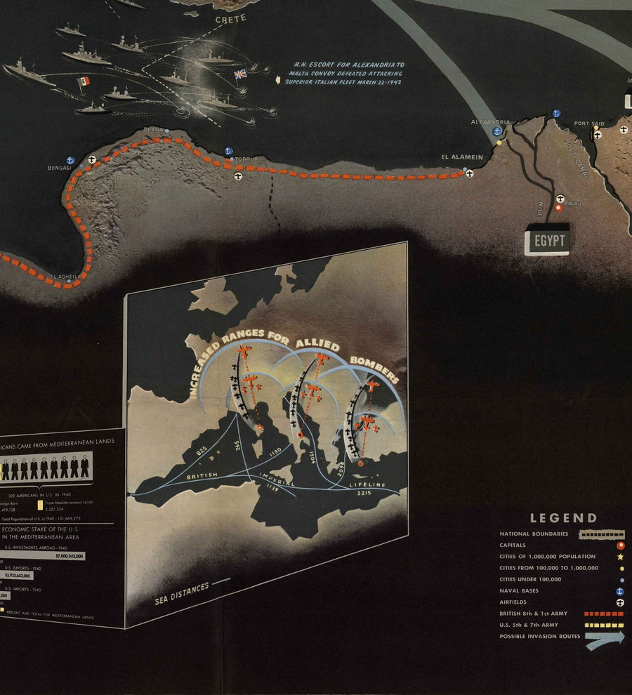 Antiguo mapa de la Segunda Guerra Mundial: Mediterráneo, 1944 - NavWarMap No.1 - Europa del Sur y África del Norte - Italia, España, Francia