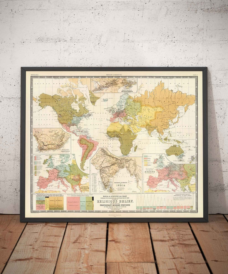 Mappa del Mondo delle Antiche Religioni, 1854 - Credenze Religiose nel XIX Secolo - Buddisti, Protestanti, Cattolici, Musulmani, Ebrei, Pagani 