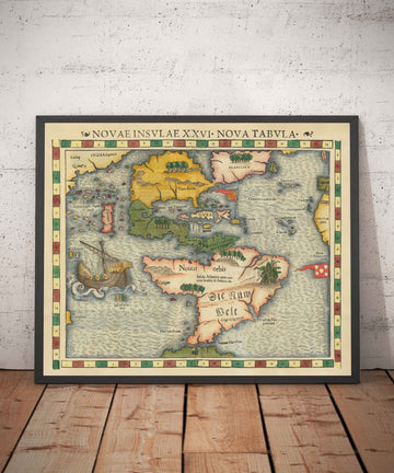 Antiguo mapa de América del Norte y del Sur, 1544 de Munster - Primer atlas impreso de las Américas - Estados Unidos, México, antes de la colonización