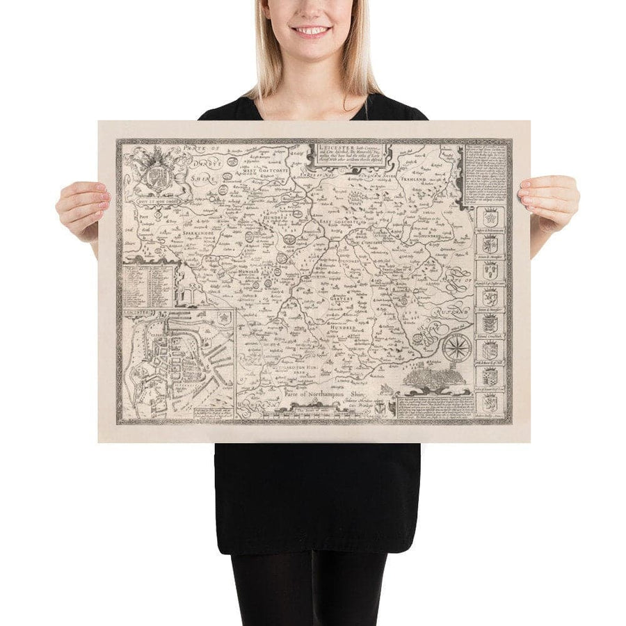 Vecchia mappa monocromatica del Leicestershire, 1611 di John Speed - Leicester, Loughborough, Hinckley, Wigston, Melton Mowbray 