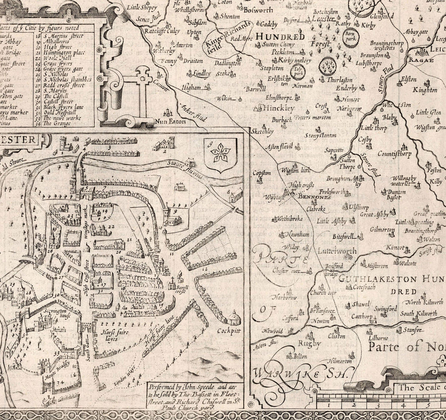 Vecchia mappa monocromatica del Leicestershire, 1611 di John Speed - Leicester, Loughborough, Hinckley, Wigston, Melton Mowbray 