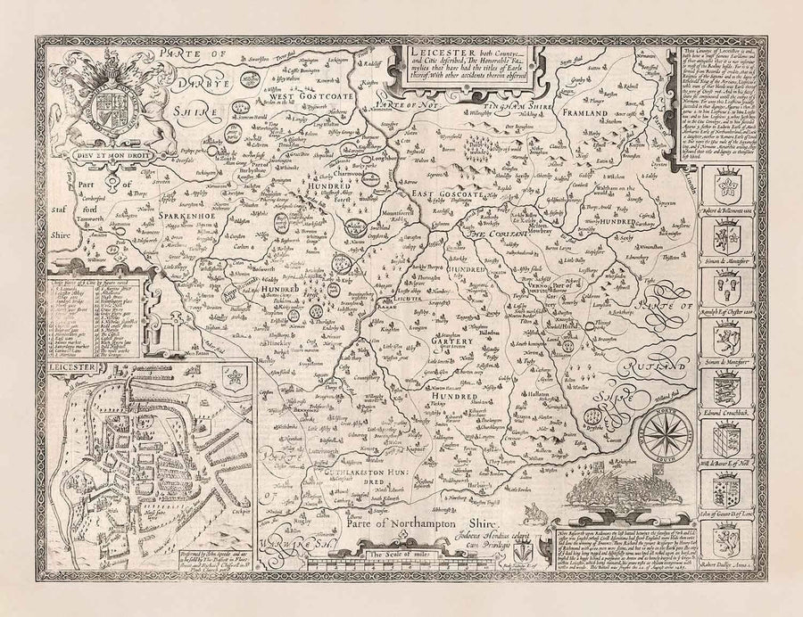 Vecchia mappa monocromatica del Leicestershire, 1611 di John Speed - Leicester, Loughborough, Hinckley, Wigston, Melton Mowbray 