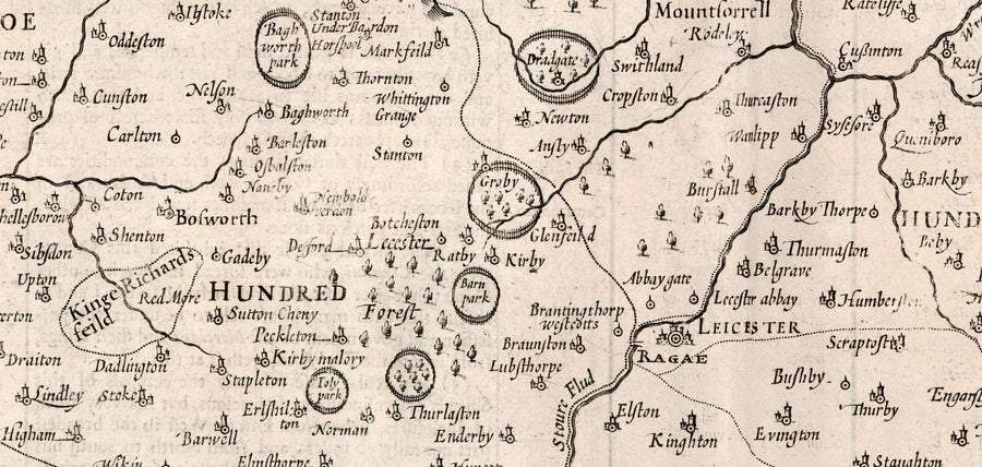Vecchia mappa monocromatica del Leicestershire, 1611 di John Speed - Leicester, Loughborough, Hinckley, Wigston, Melton Mowbray 