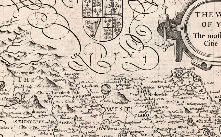Alte monochrome Karte von West Yorkshire, 1611 von John Speed - York, Bradford, Sheffield, Leeds, Huddersfield, Harrogate, Skipton 