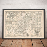 Antiguo mapa monocromo de Northamptonshire, 1611 por John Speed - Northampton, Kettering, Peterborough, Corby, Stamford, Brackley