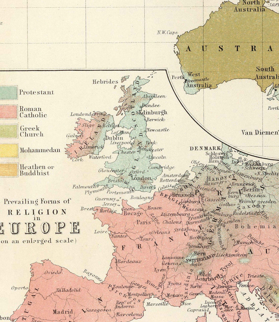 Mappa del Mondo delle Antiche Religioni, 1854 - Credenze Religiose nel XIX Secolo - Buddisti, Protestanti, Cattolici, Musulmani, Ebrei, Pagani 
