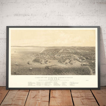Mapa antiguo de Odesa, Ucrania, 1855 - Ciudad portuaria del Mar Negro - Fuertes, Ciudadela, Centro de la ciudad - Ilustración a ojo de pájaro