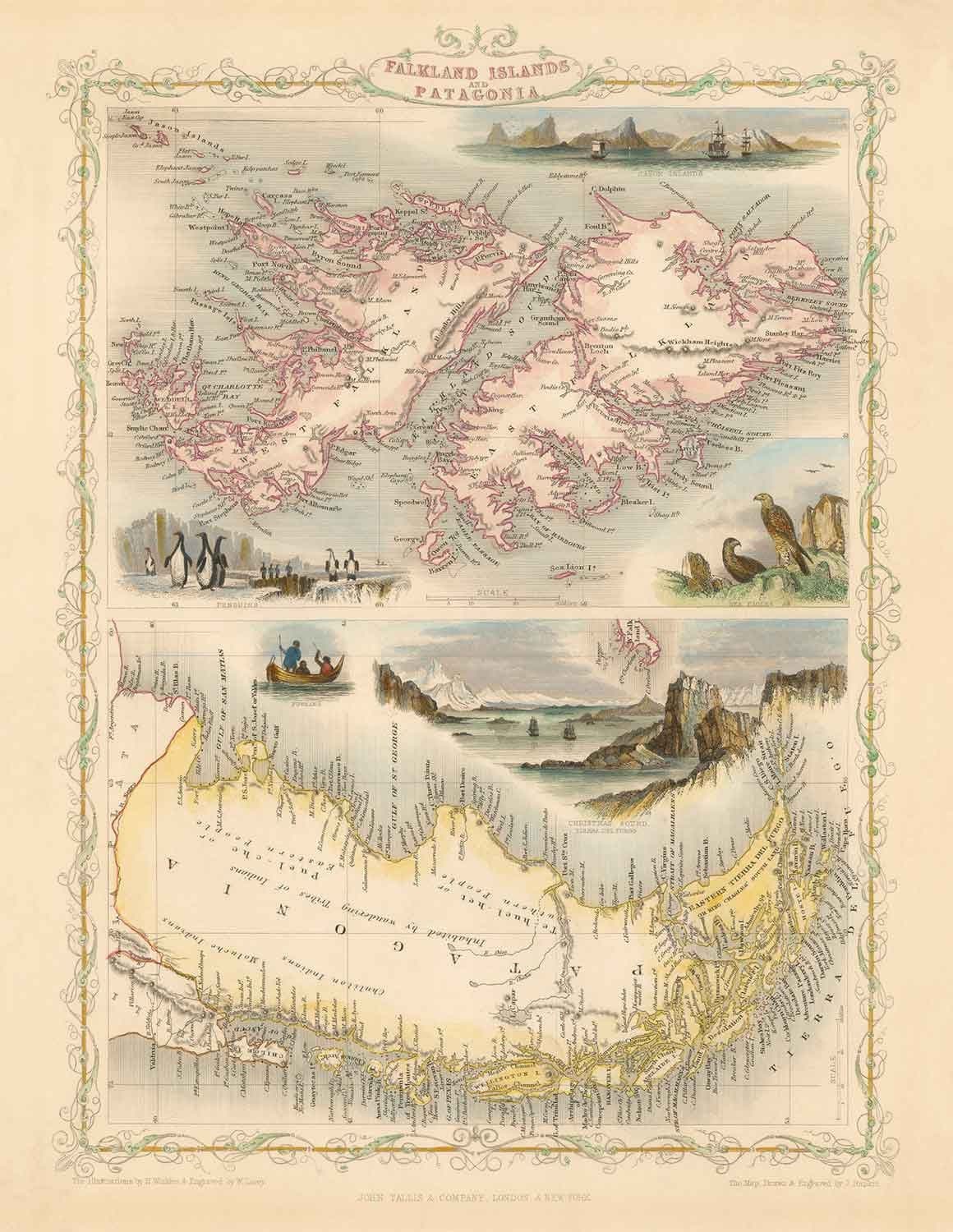 Mapa antiguo Islas Malvinas y Patagonia, 1851 - América del Sur, Cabo de Hornos, Malvinas, Tierra del Fuego, Imperio Británico