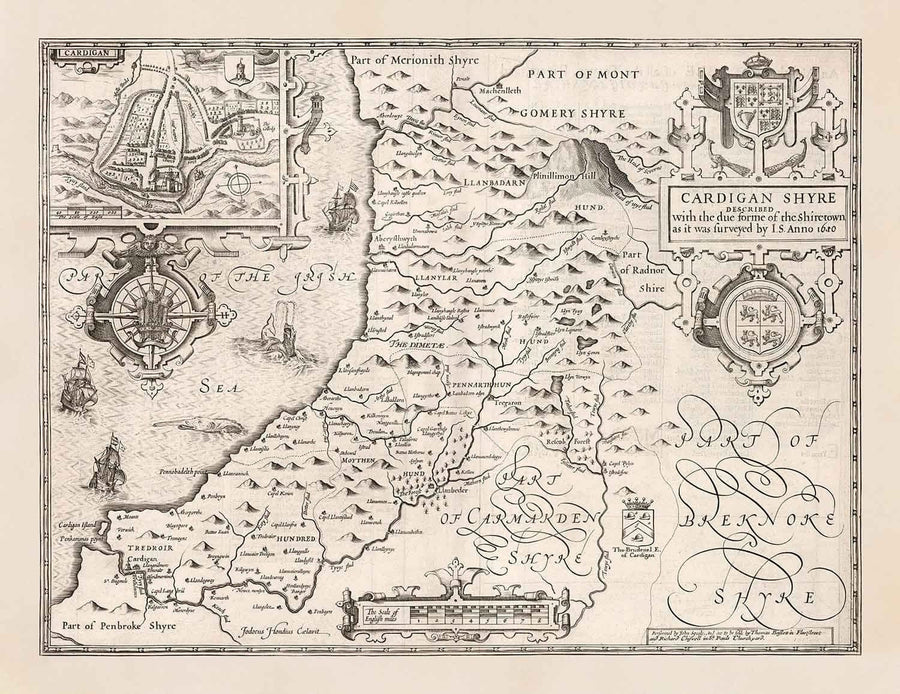 Mappa monocromatica antica di Ceredigion, Galles, 1611 di John Speed - Aberystwyth, Cardigan, Aberporth, Aberarth 