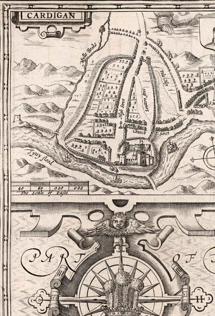 Mappa monocromatica antica di Ceredigion, Galles, 1611 di John Speed - Aberystwyth, Cardigan, Aberporth, Aberarth 