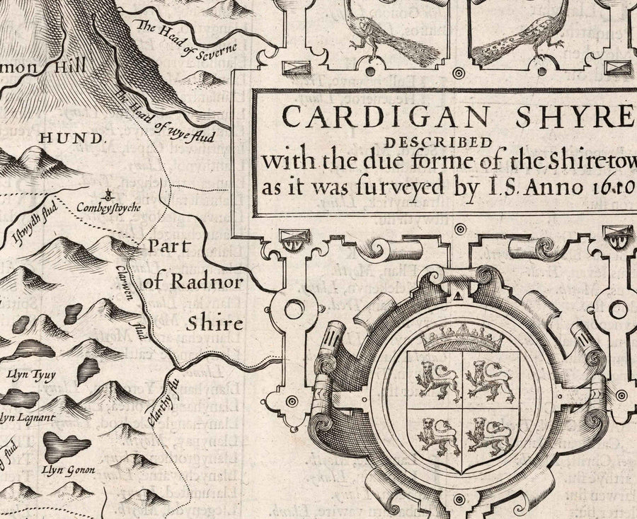 Mappa monocromatica antica di Ceredigion, Galles, 1611 di John Speed - Aberystwyth, Cardigan, Aberporth, Aberarth 