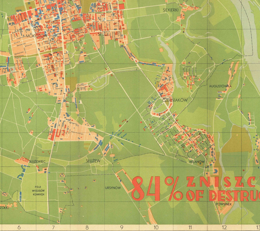 Old Map of the Nazi Destruction of Varsovie, 1949 - Cente censuré Soviétique WW2 - Old Town, Ghetto, Muranow, Praga