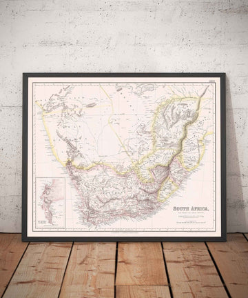 Vecchia mappa del Sudafrica, 1860 - Colonia britannica e olandese del Capo - Durban, Pretoria, Città del Capo, Botswana, Namibia 